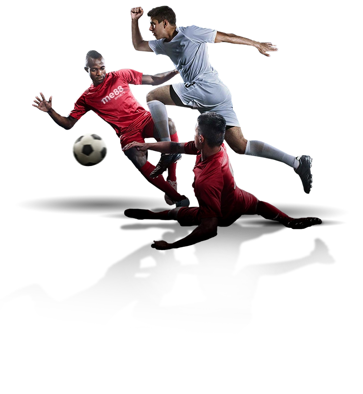 Footballers in me88 Sports kit challenging for the ball